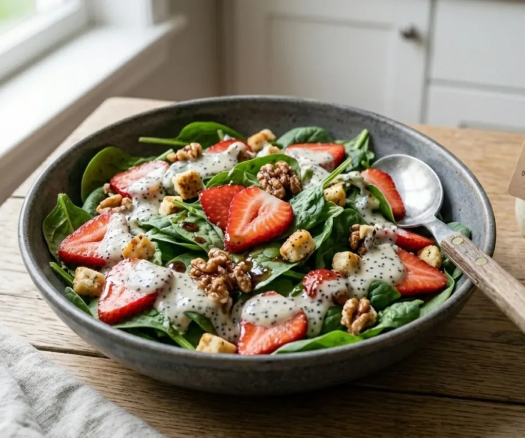 Spinach strawberry salad topped with vegan poppyseed dressing