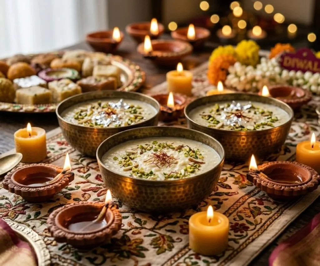 Vegan kheer served during Diwali festival in decorative bowls