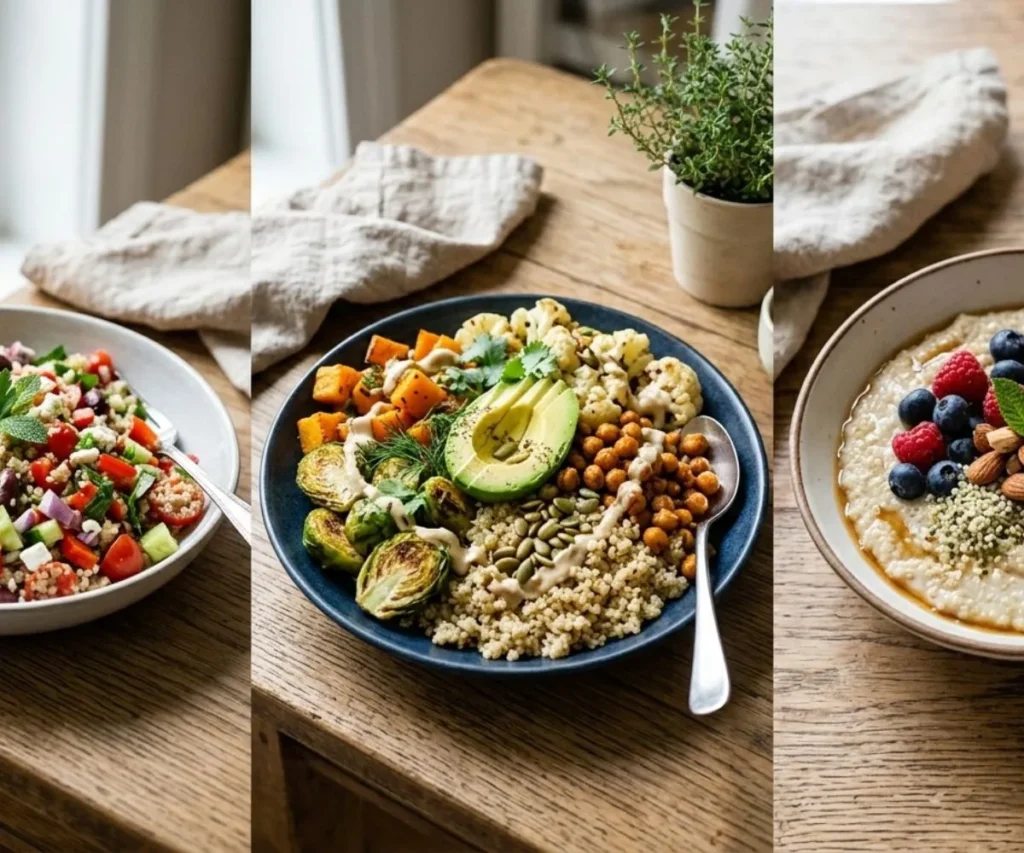 Different quinoa textures used in salad, grain bowl, and breakfast porridge