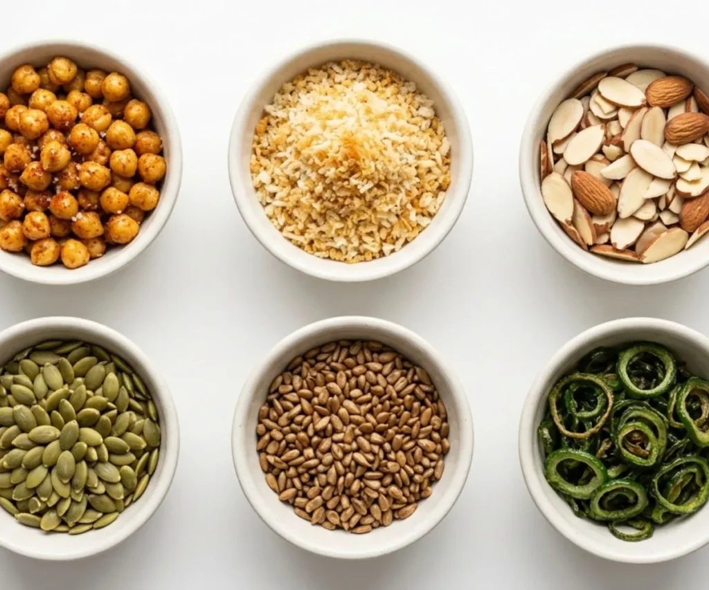 Different crunchy toppings for kale salad including chickpeas, panko, almonds, and seeds