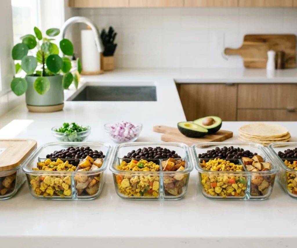 Meal prep containers with vegan breakfast taco fillings