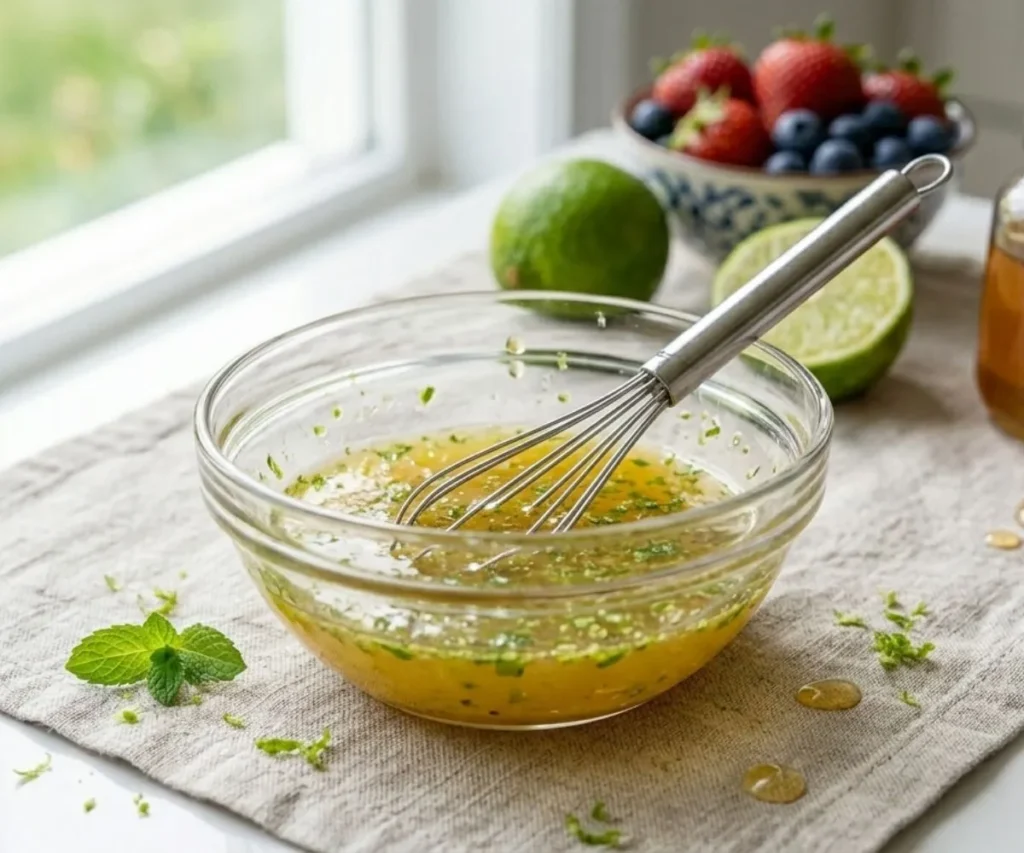 Honey lime dressing in glass bowl for summer fruit salad