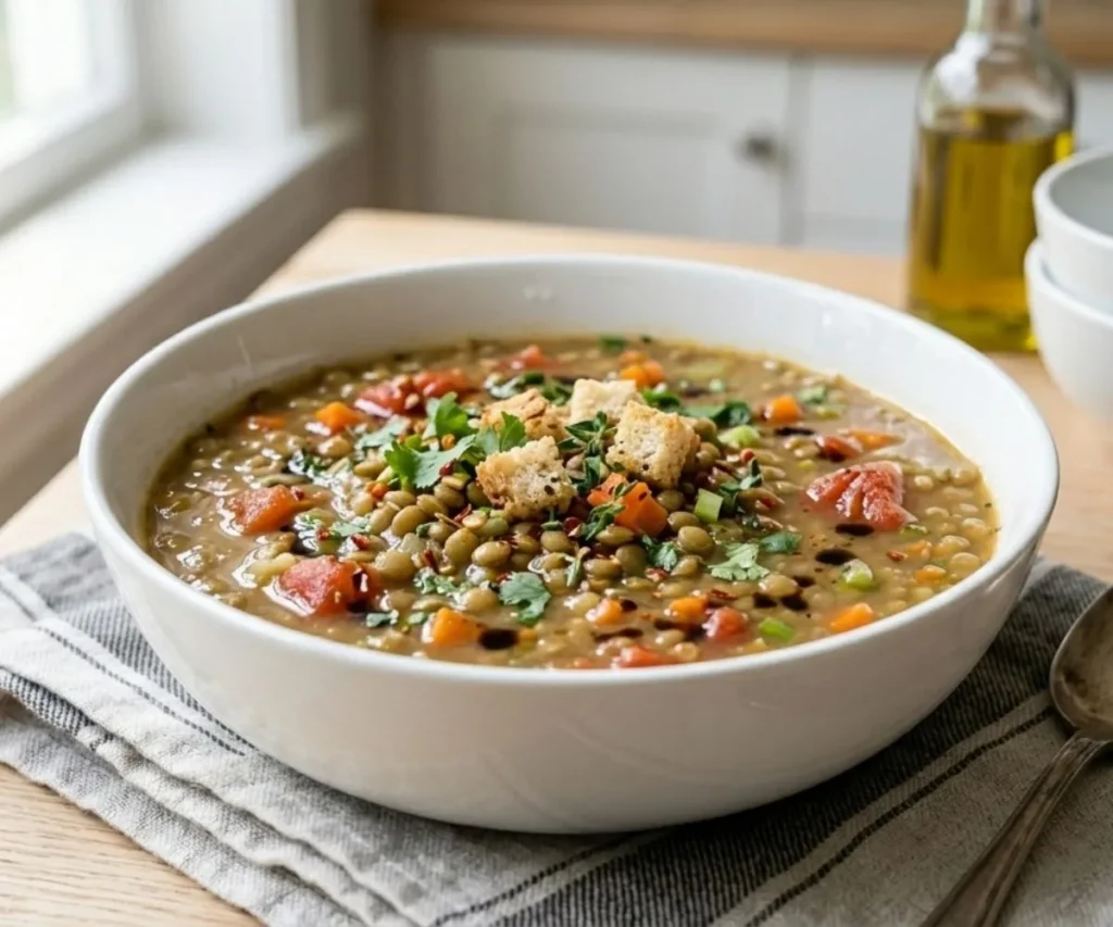 Healthy sopa de lentejas Mexican food soup with lentils and vegetables