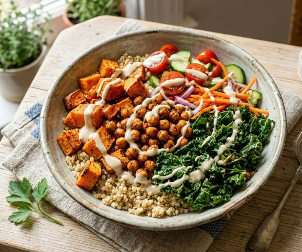 healthy quinoa bowl with roasted vegetables and tahini drizzle