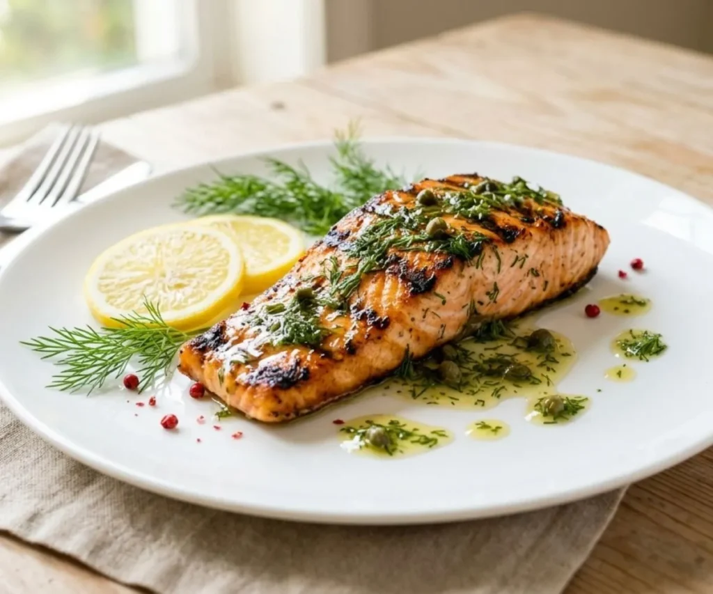 Whisking oil and lemon to make dill vinaigrette recipe