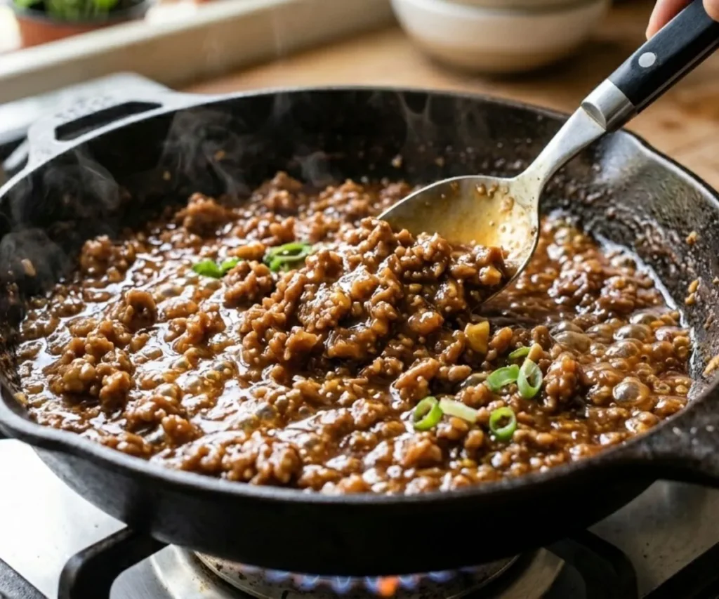 Cooking nikumiso filling with ground meat and miso paste in a pan