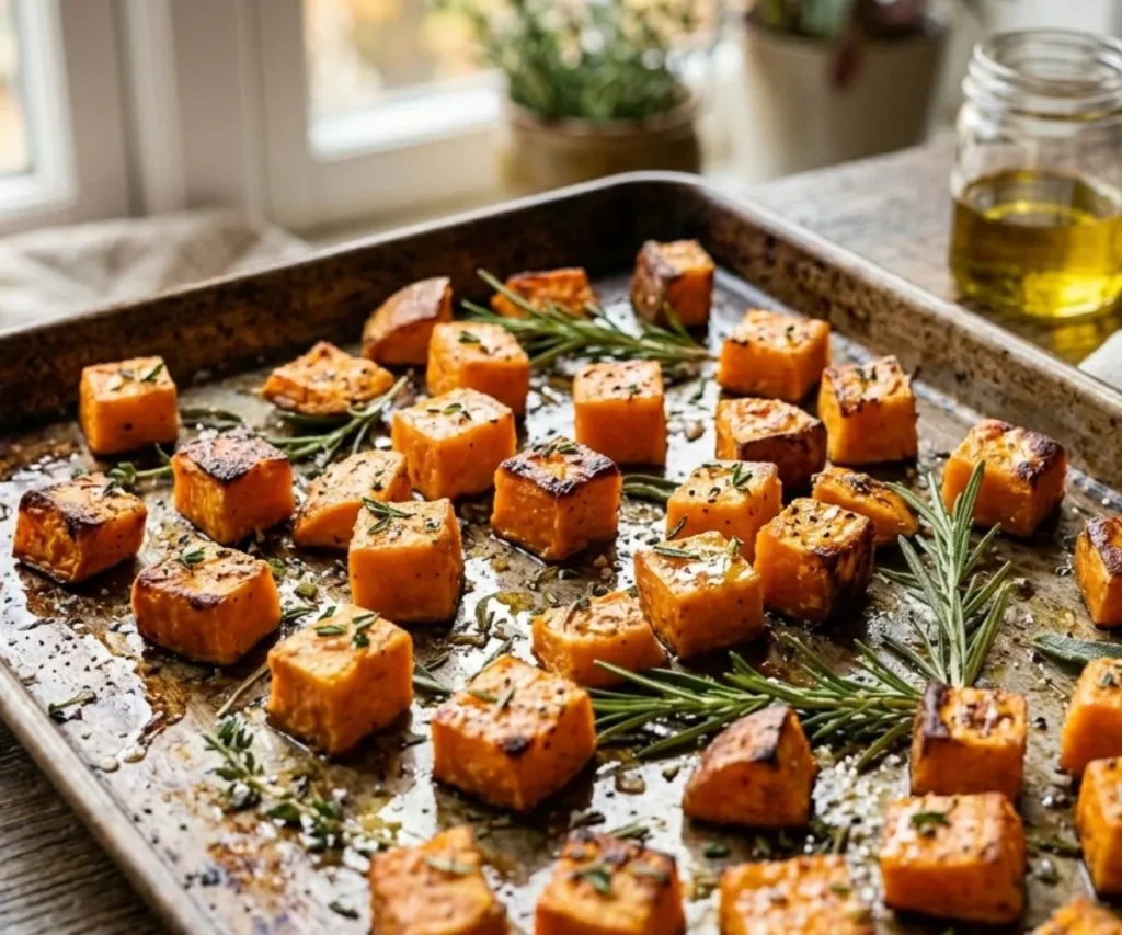 Roasted sweet potato cubes prepared for sweet potato risotto