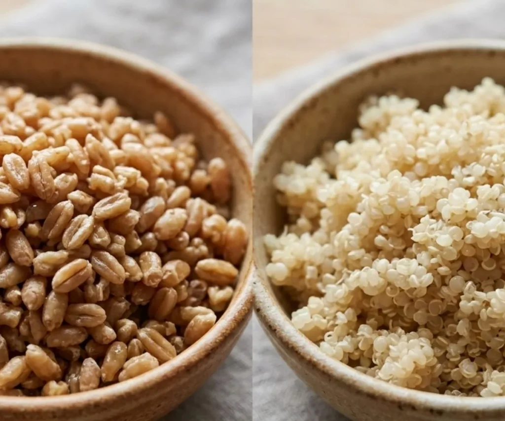 Cooked farro compared to cooked quinoa in separate bowls