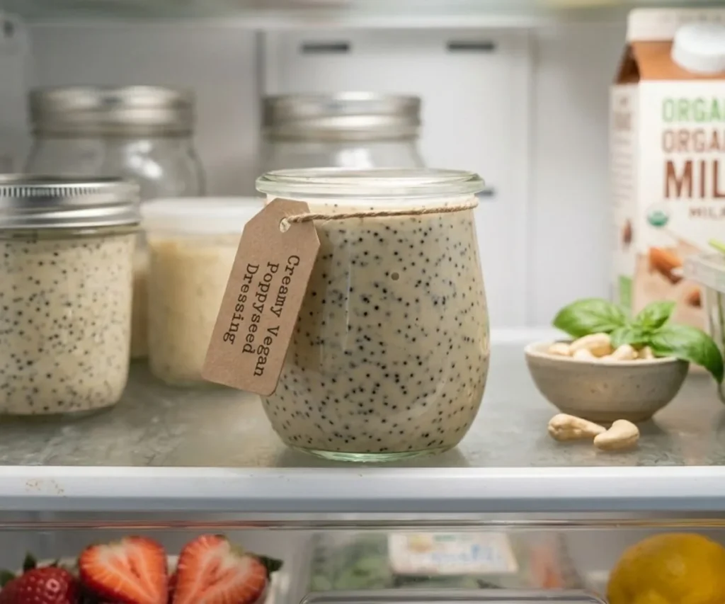 Vegan poppyseed dressing stored in a glass jar in the refrigerator