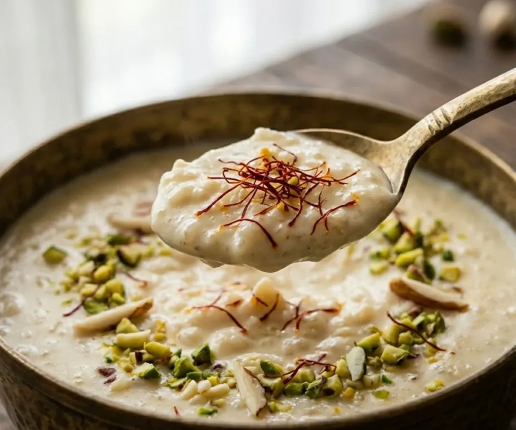 Thick and creamy texture of vegan kheer recipe on spoon