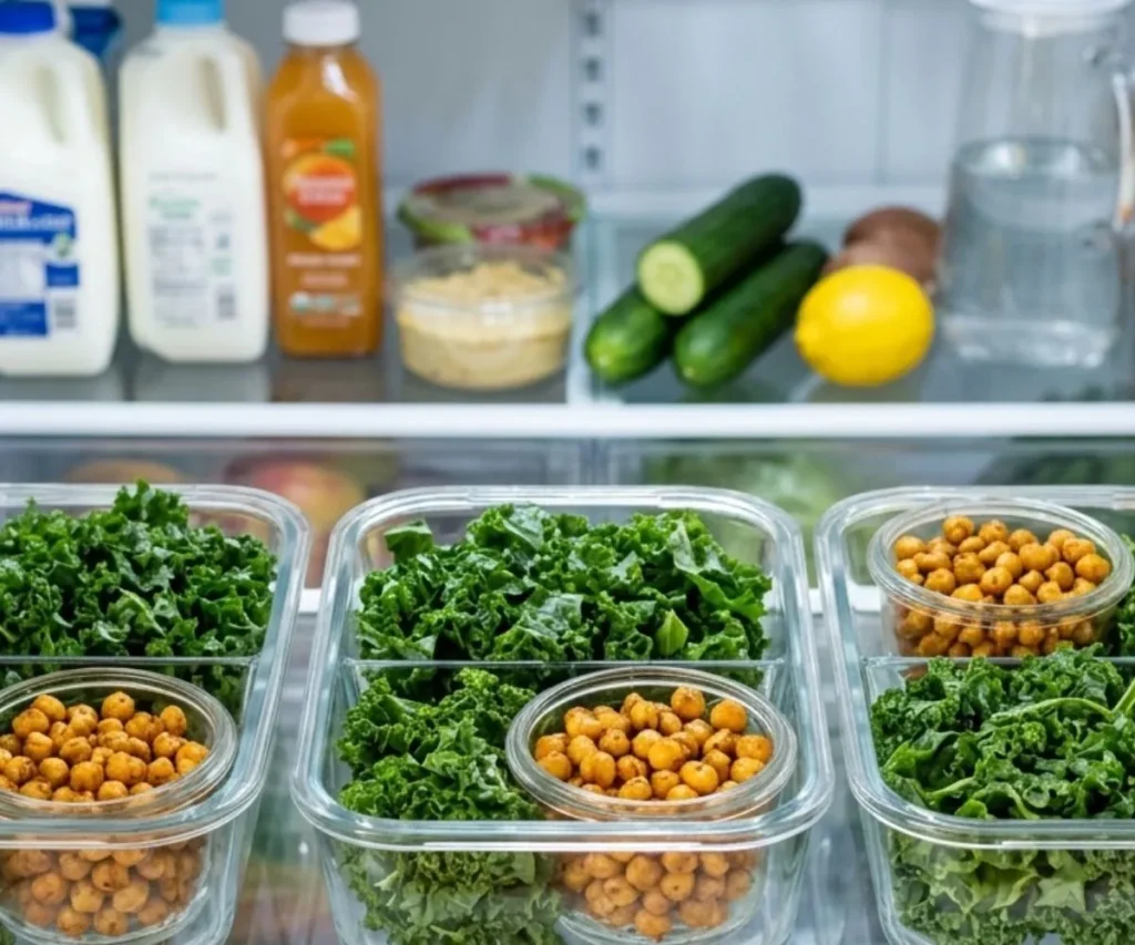 Meal prep containers with crunchy kale salad ingredients stored separately
