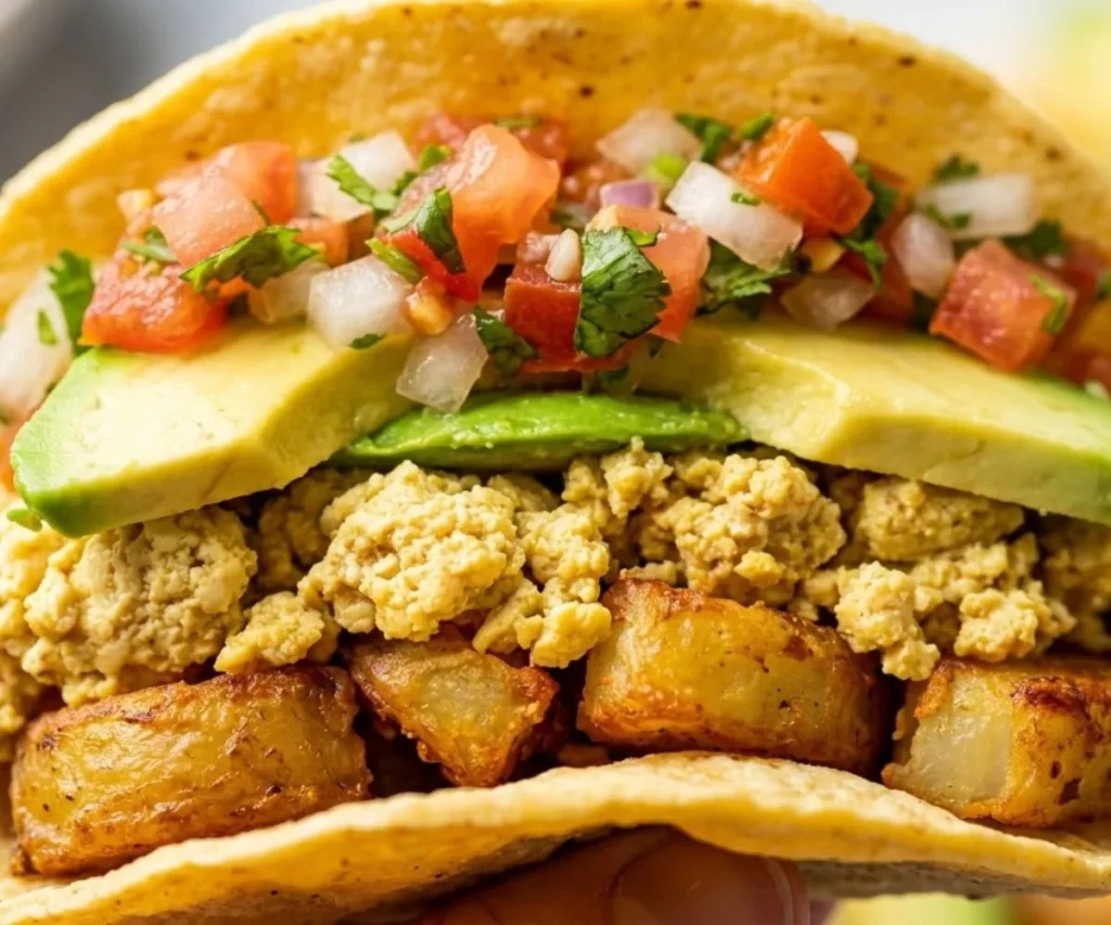 Close up of vegan breakfast taco showing texture and layers