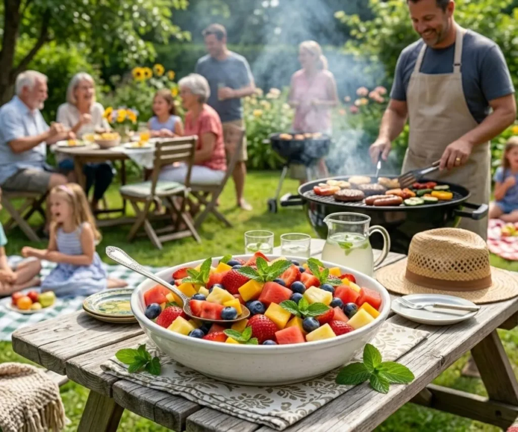 Summer fruit salad served at outdoor BBQ party