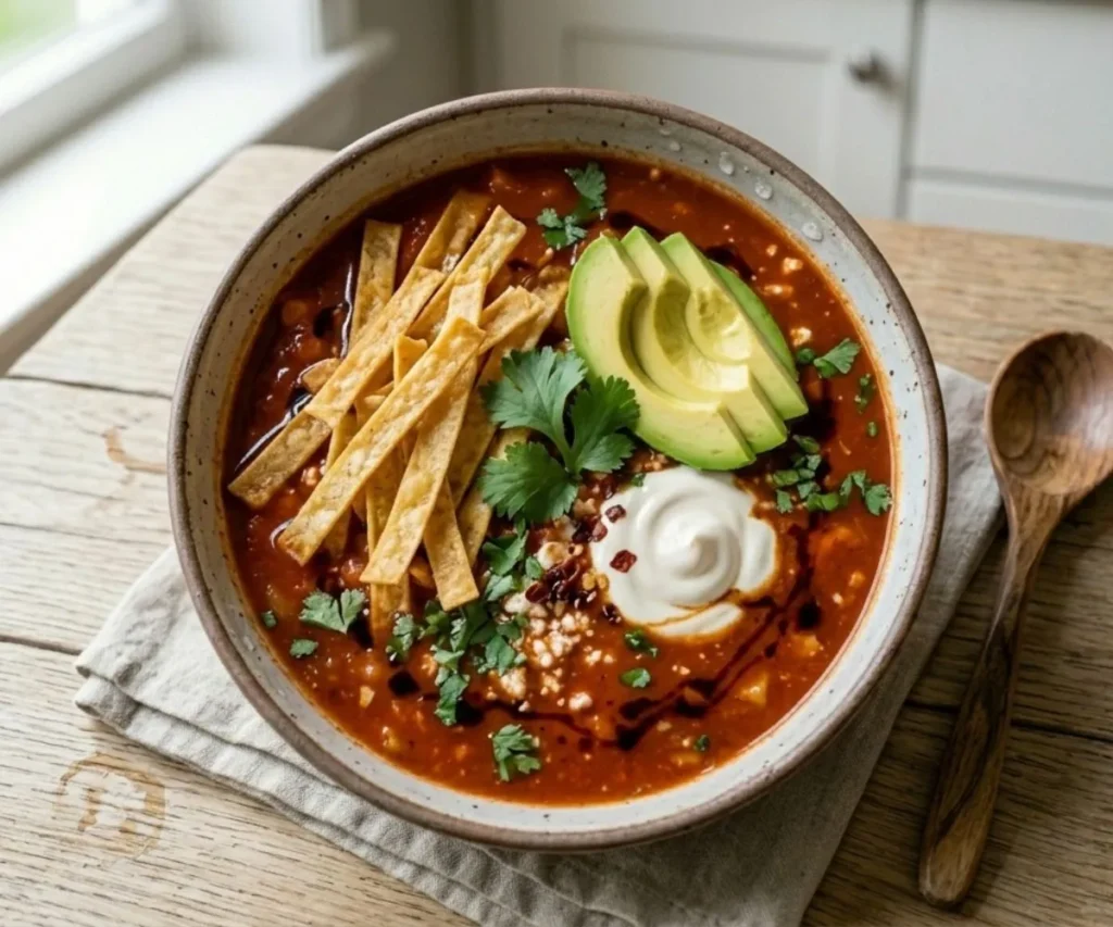 Sopa de tortilla Mexican food soup with crispy tortilla strips