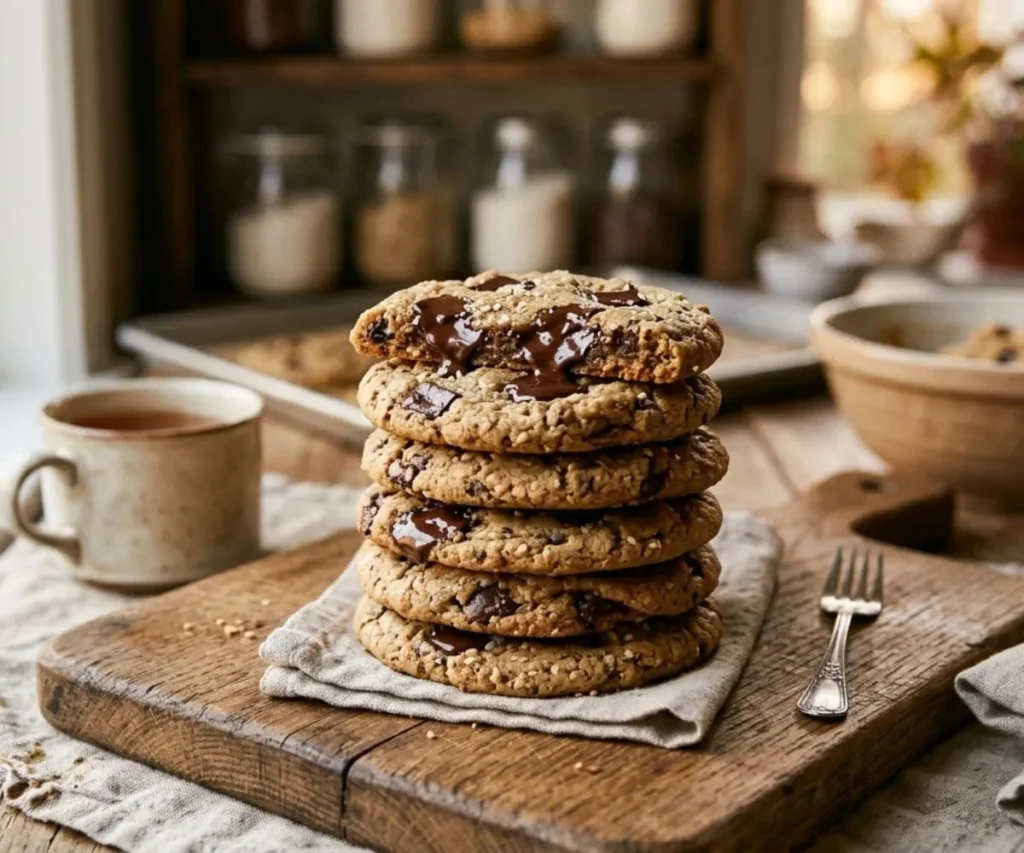 tahini chocolate chip cookies with melted chocolate