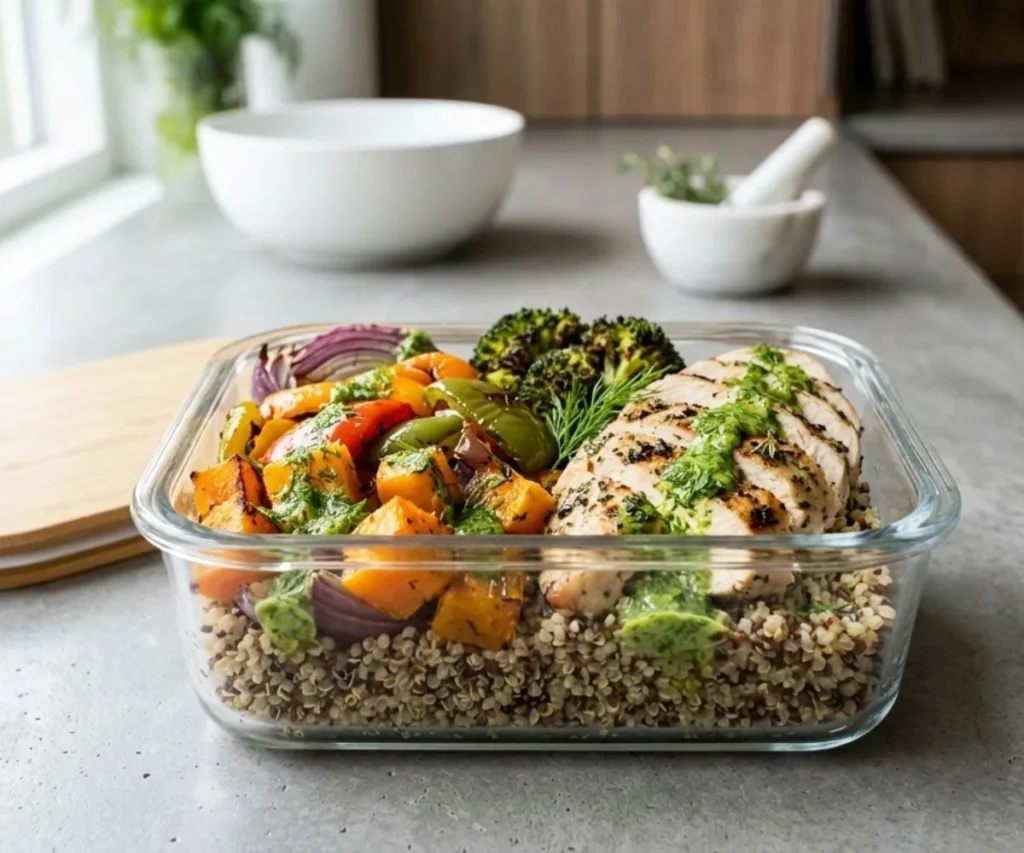 Grilled salmon topped with fresh dill vinaigrette