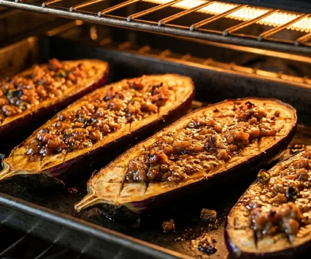 Caramelized stuffed Japanese eggplant under broiler