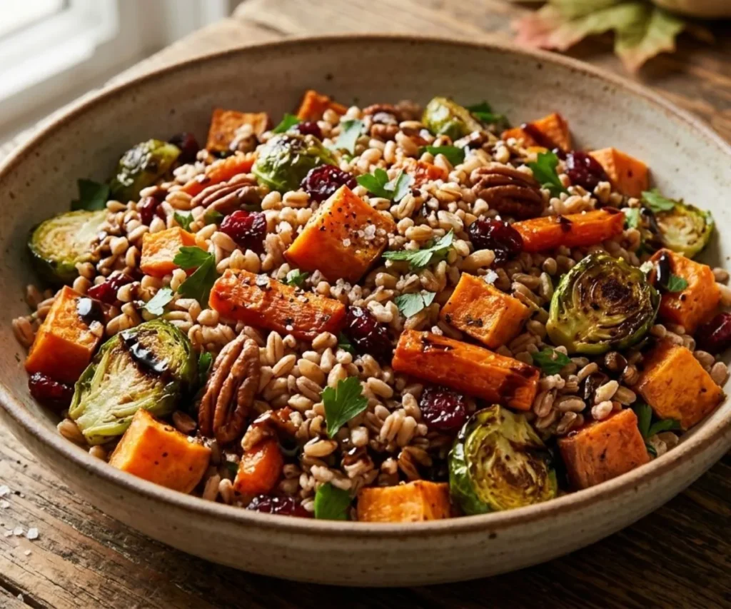 Warm farro vegetable salad with roasted fall vegetables