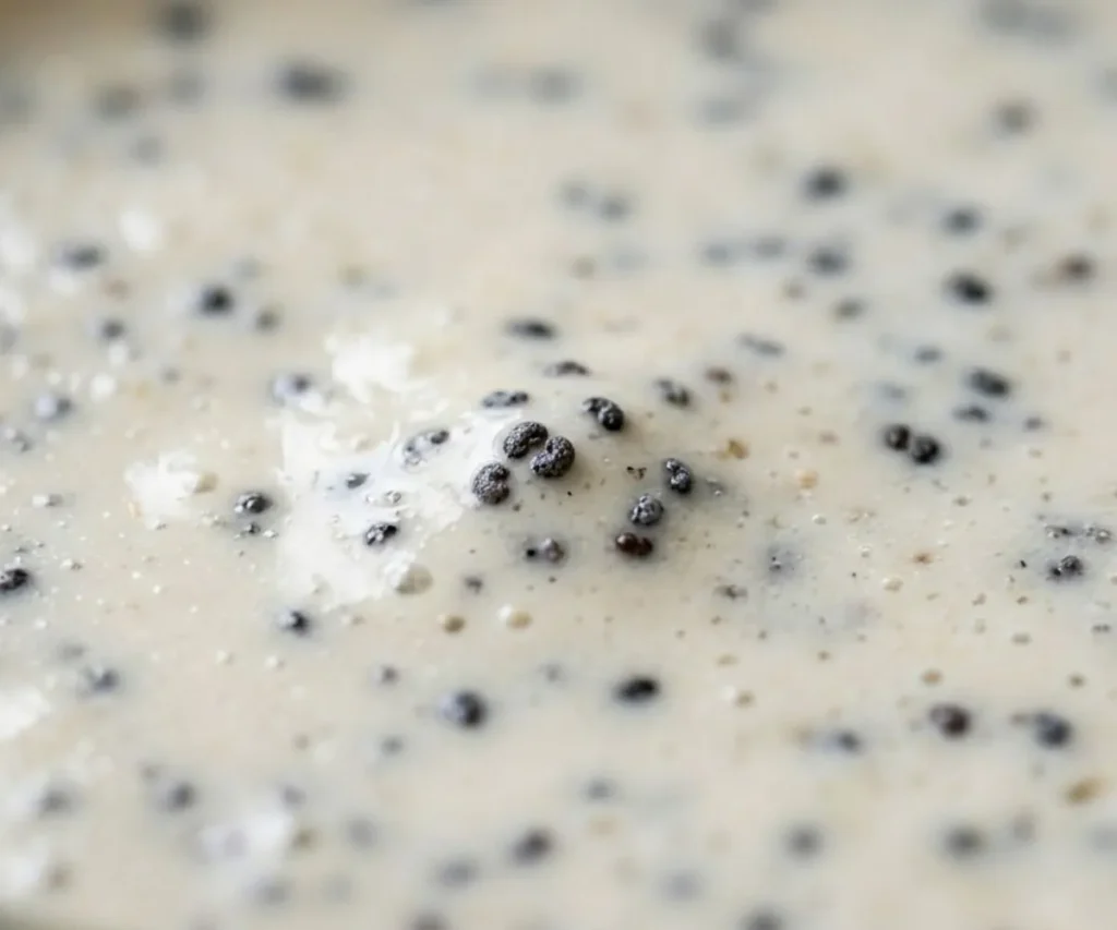 Close-up texture of creamy vegan poppyseed dressing with poppy seeds