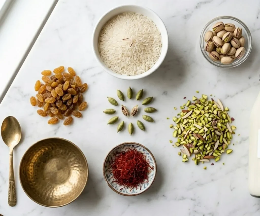Ingredients for vegan kheer recipe including basmati rice almond milk and saffron