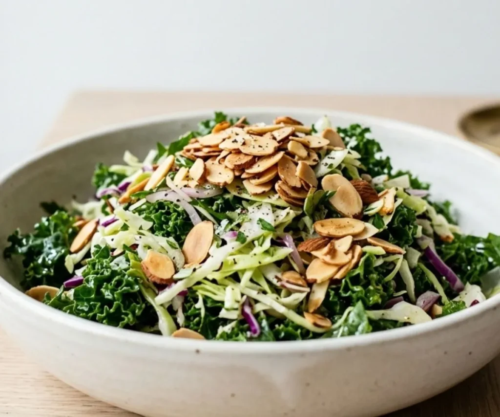 Kale and cabbage crunchy salad with roasted almonds and light vinaigrette