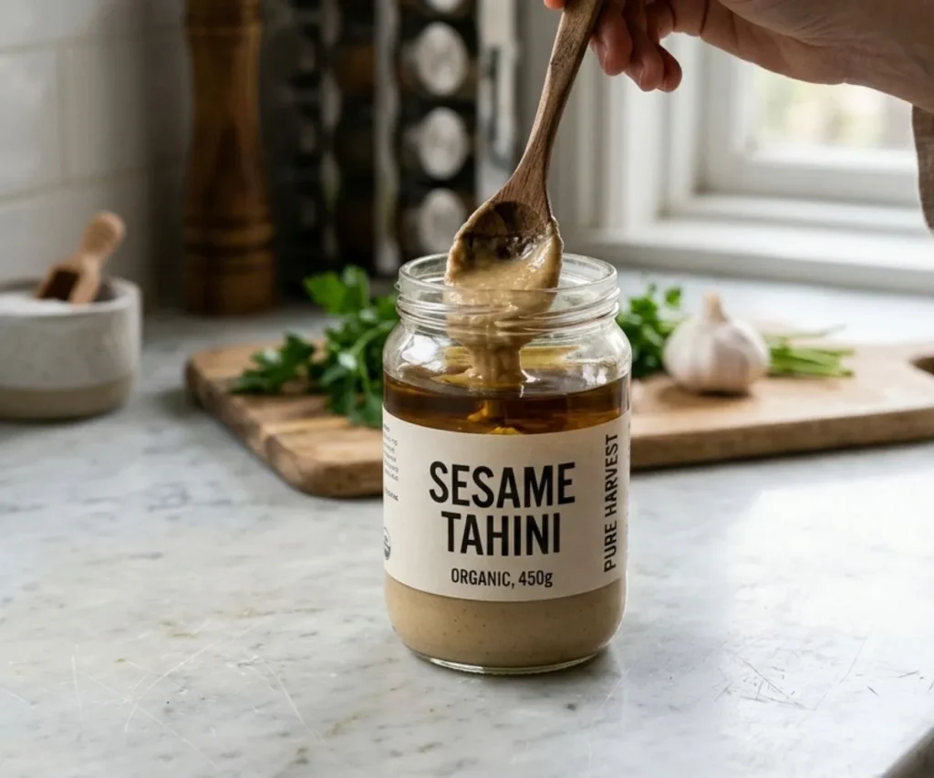 tahini oil separation in jar before stirring