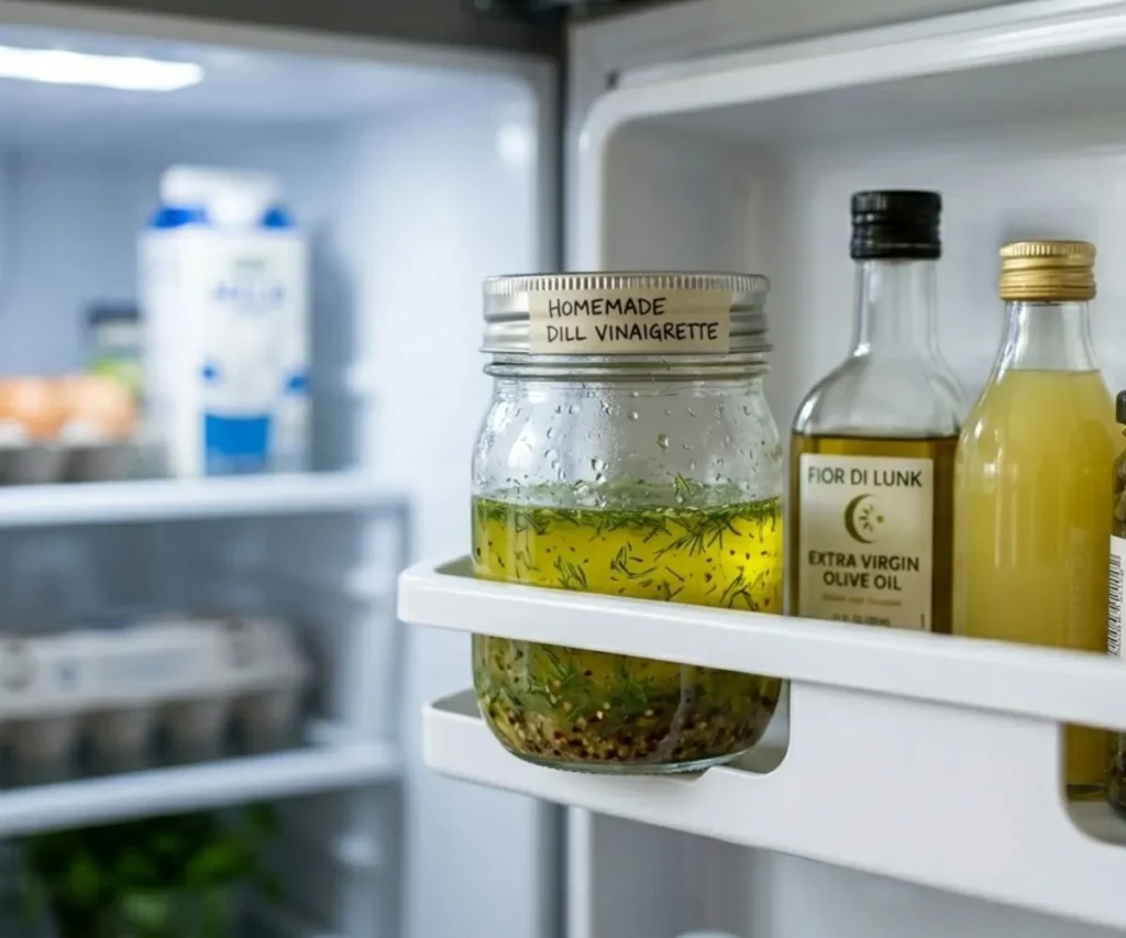 Homemade dill vinaigrette stored in a sealed jar in the refrigerator