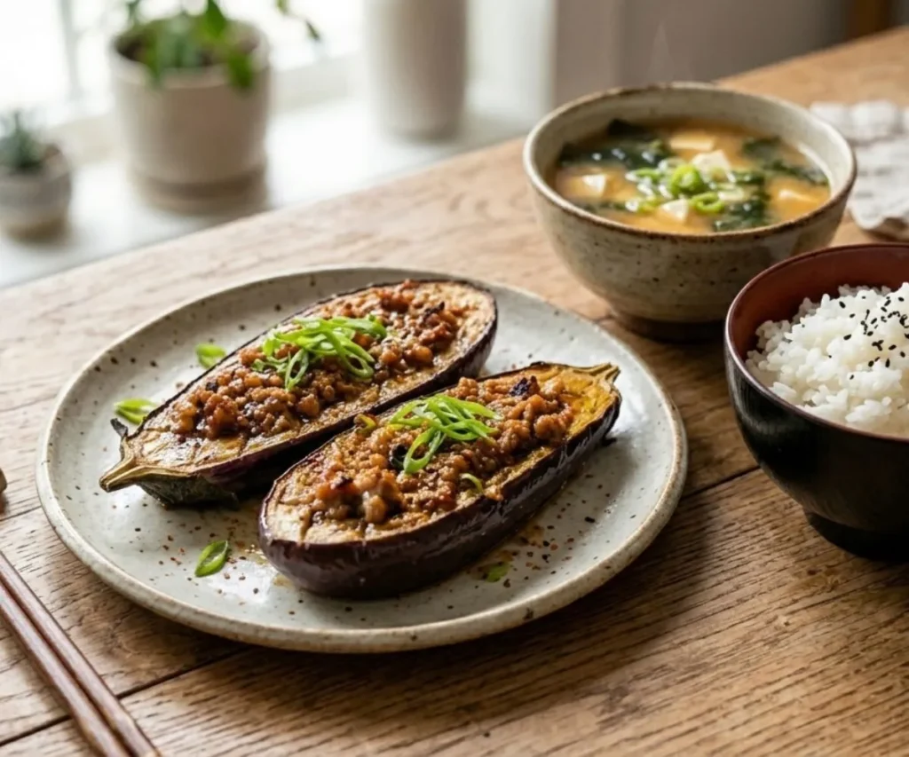 Stuffed Japanese eggplant served with rice and miso soup