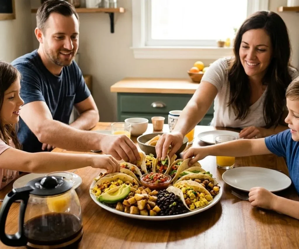 Family enjoying vegan breakfast tacos at breakfast table