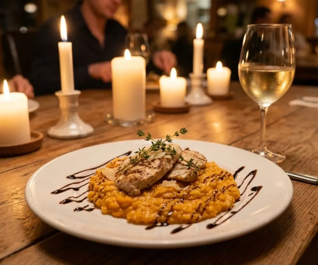 Sweet potato risotto served with grilled chicken and white wine