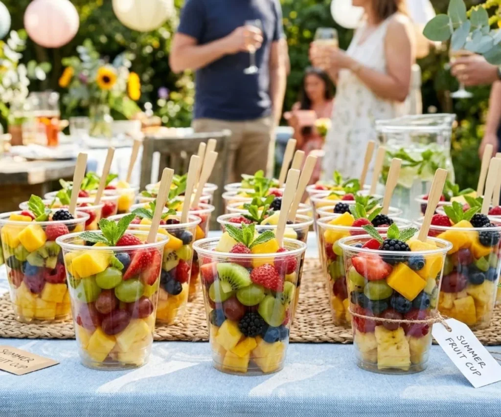 Individual cups of summer fruit salad for party serving