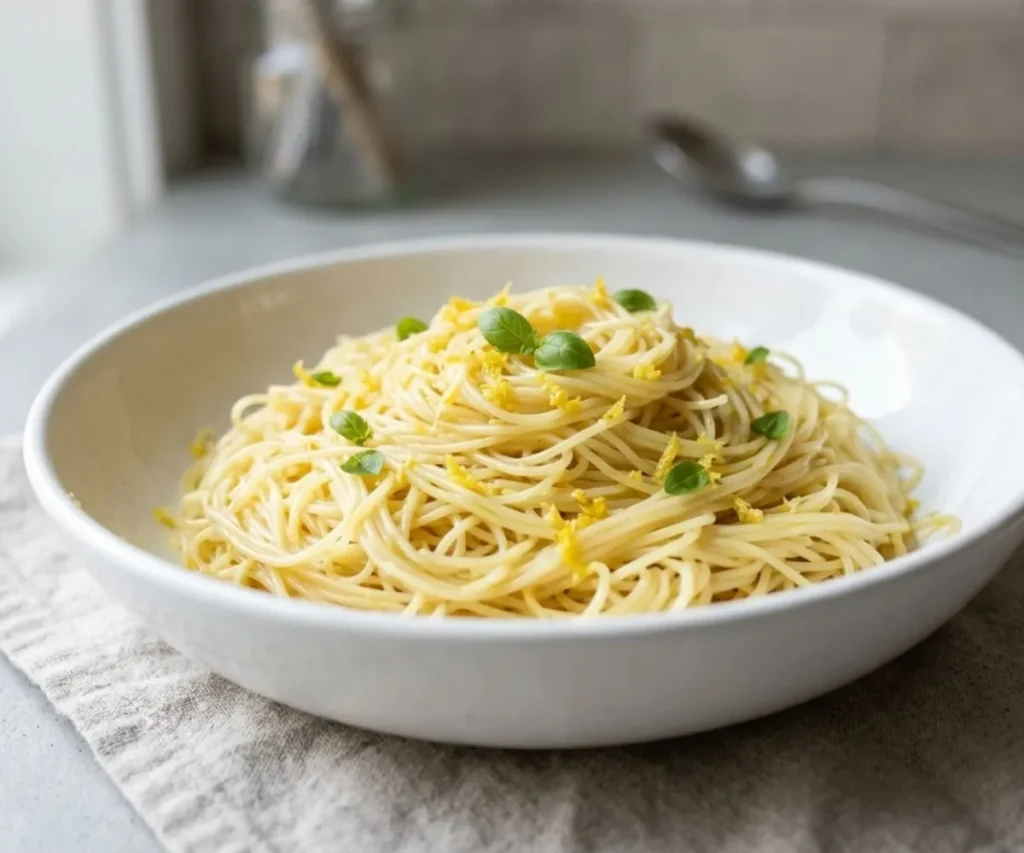Capellini noodles recipe tossed with olive oil and lemon zest in a white bowl