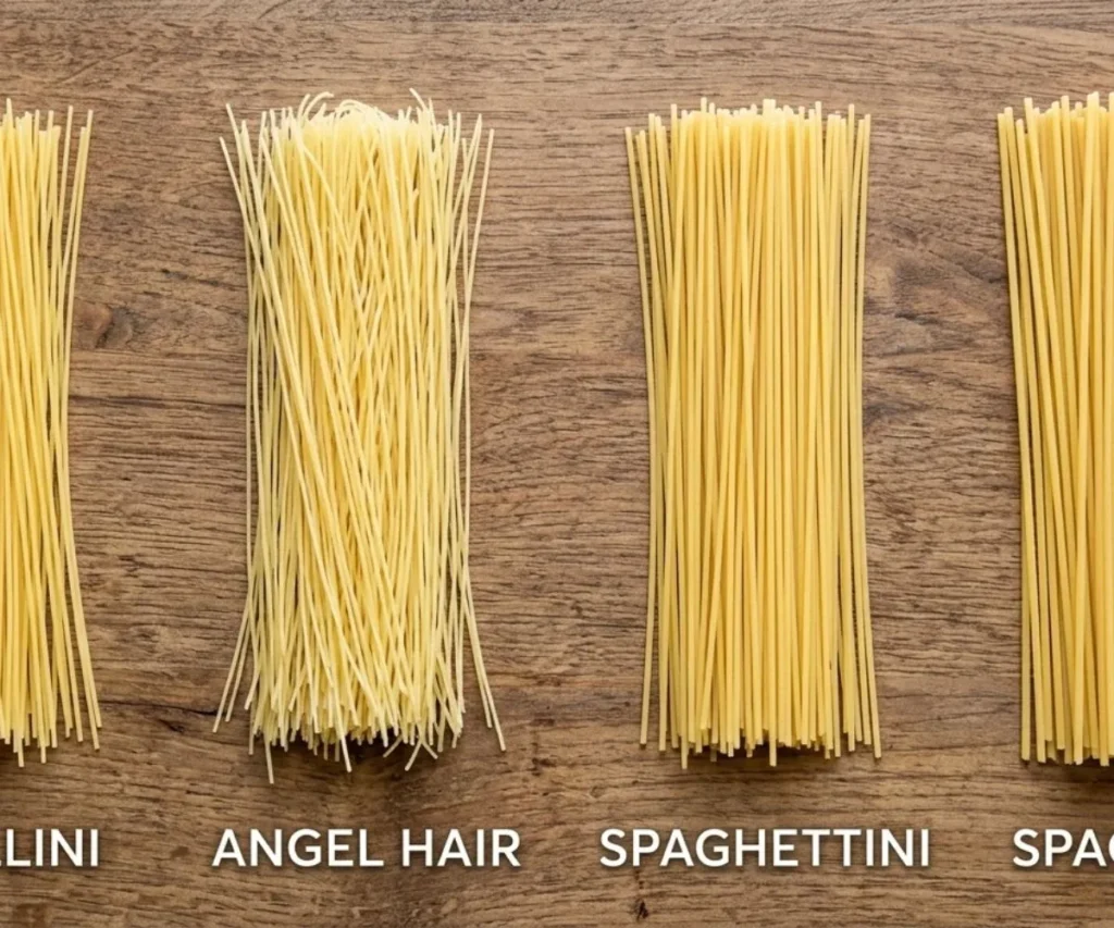 Capellini noodles compared with angel hair, spaghettini, and spaghetti