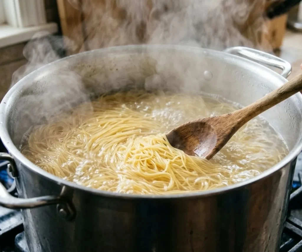 Capellini noodles cooking in boiling water in a large pot