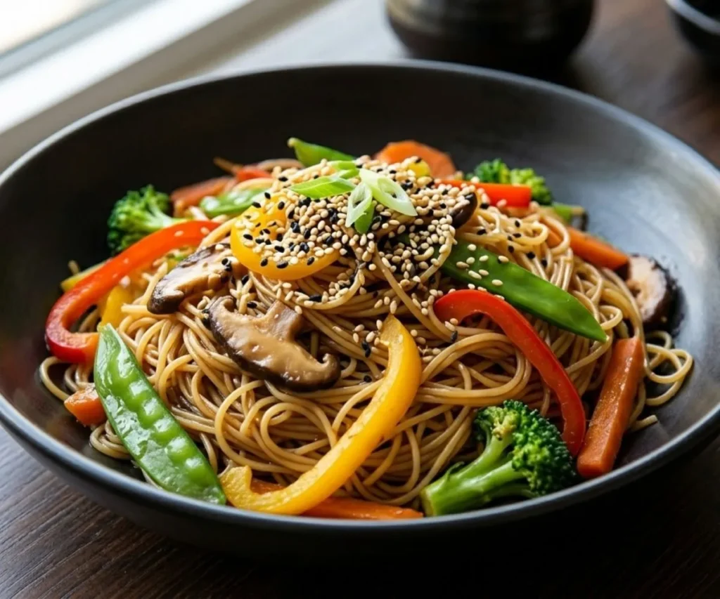 Asian style capellini noodles with vegetables and sesame seeds