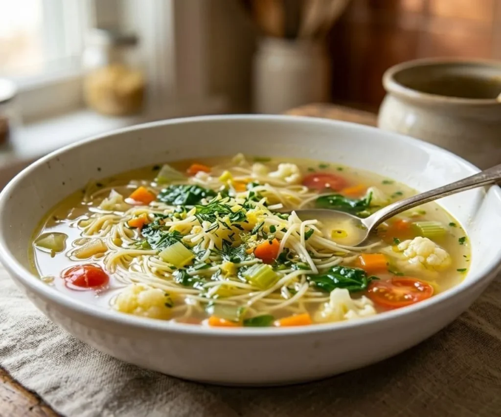 Capellini noodles in a light vegetable broth soup