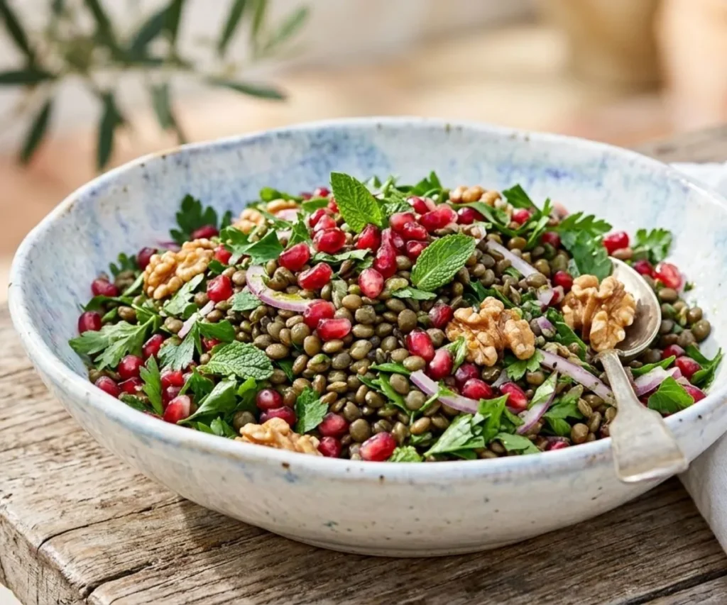 Lentil Pomegranate Salad Recipe! Healthy & Make-Ahead Lentil pomegranate salad with fresh herbs and walnuts in a ceramic bowl
