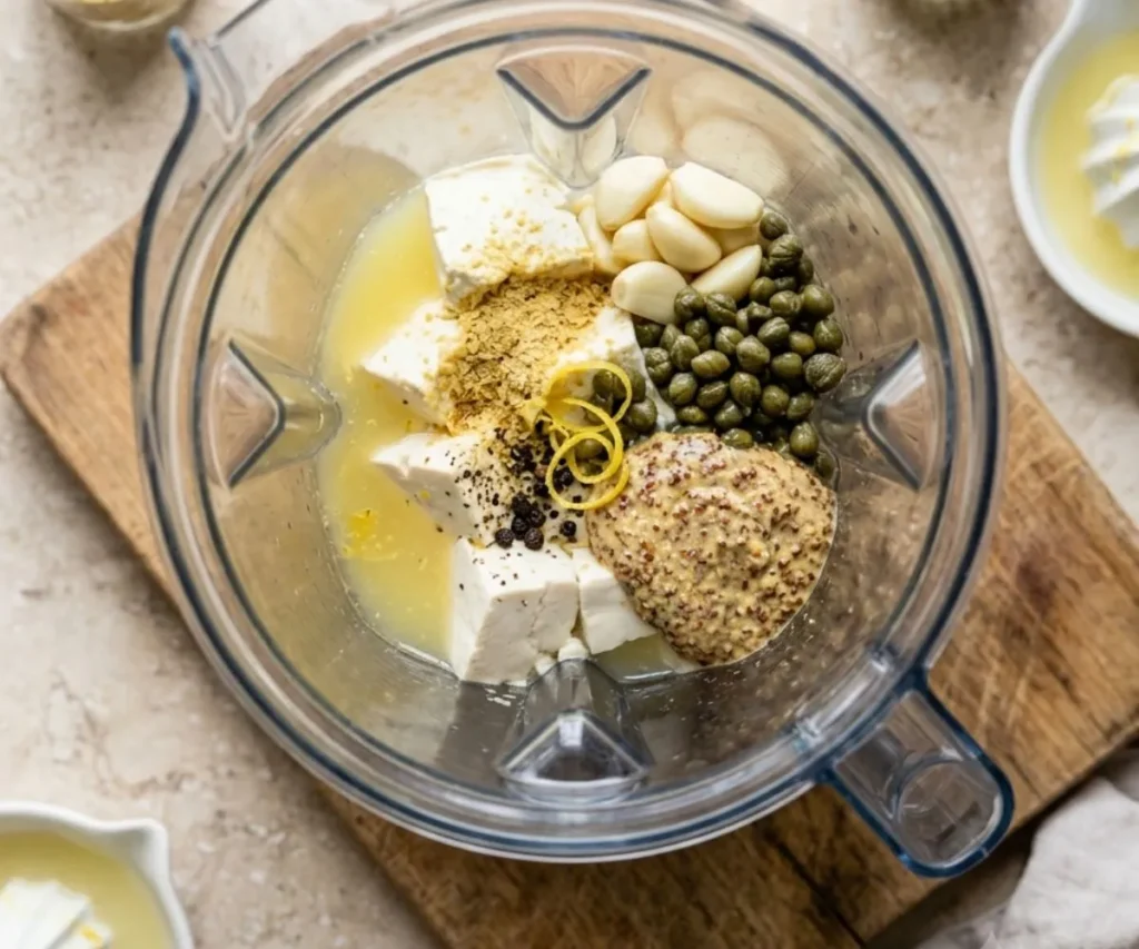 Silken tofu and ingredients inside blender for tofu caesar dressing