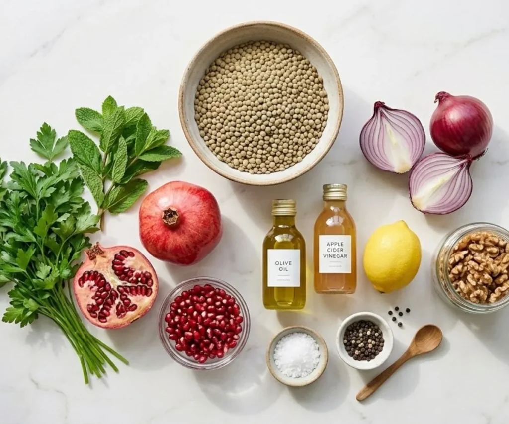 Ingredients for lentil pomegranate salad laid out on marble surface