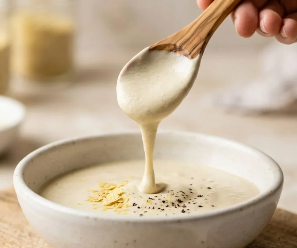 Close up of thick and creamy tofu caesar dressing texture