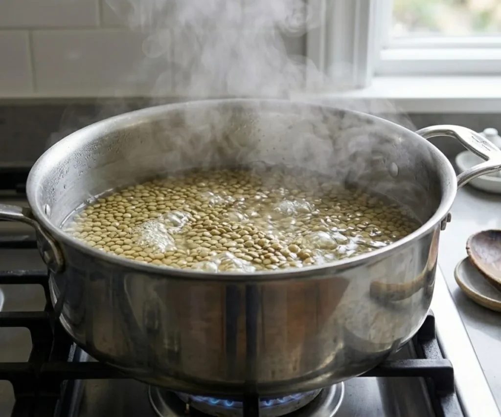 Green lentils cooking in pot for lentil pomegranate salad