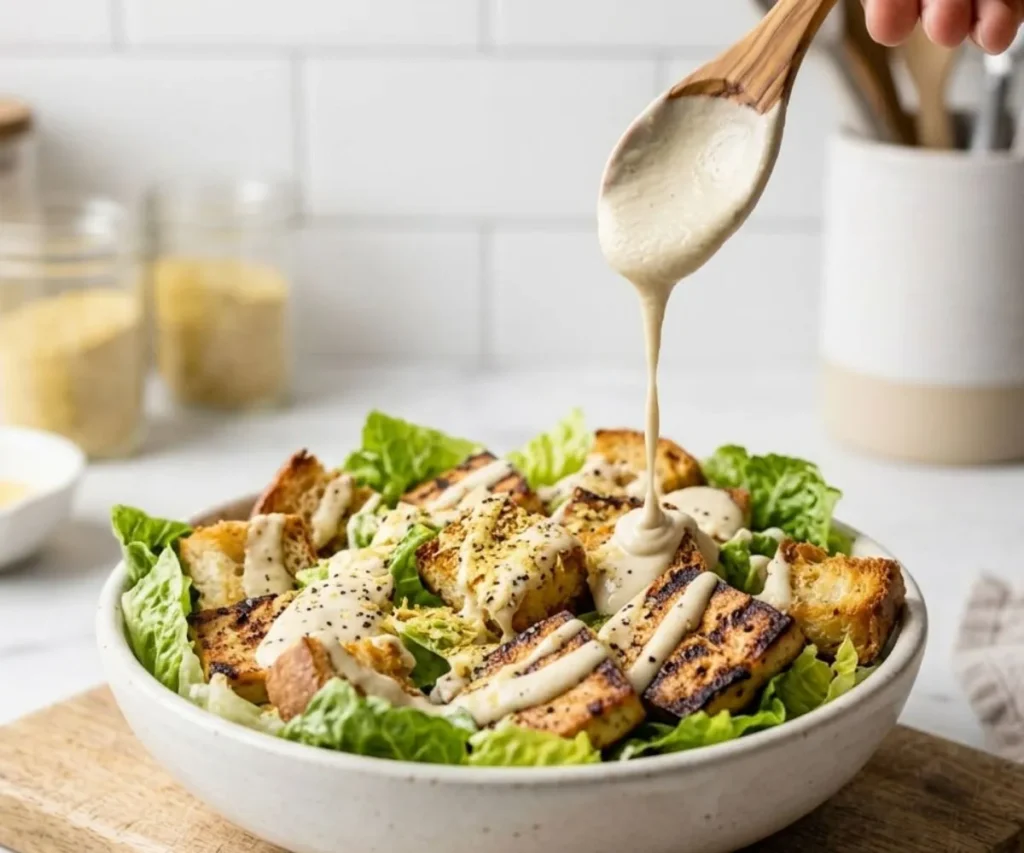 Vegan caesar salad with tofu caesar dressing and grilled tofu