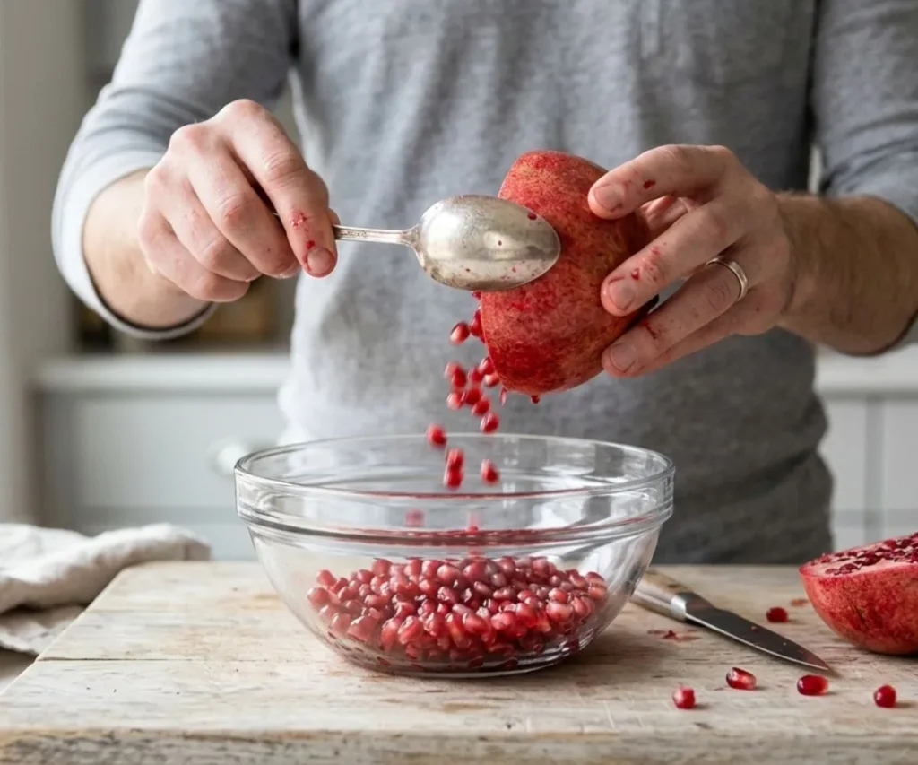 Removing pomegranate seeds by tapping fruit over bowl