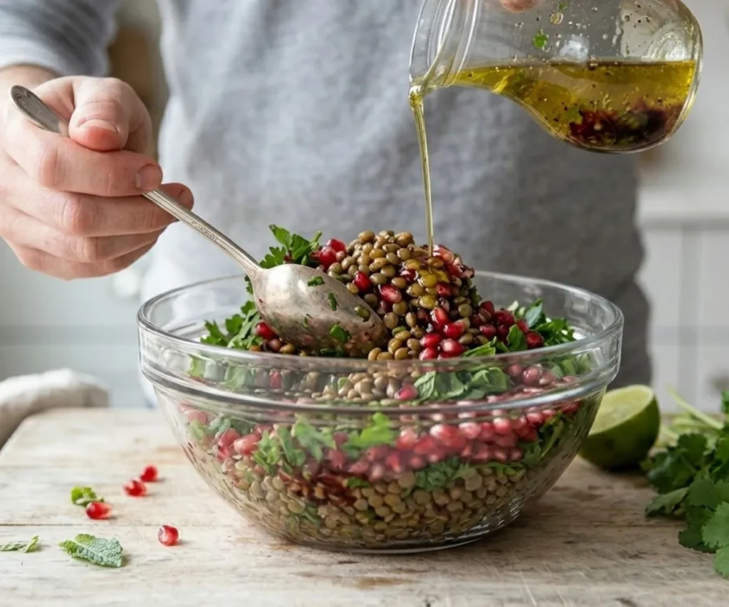 Mixing lentil pomegranate salad with olive oil dressing