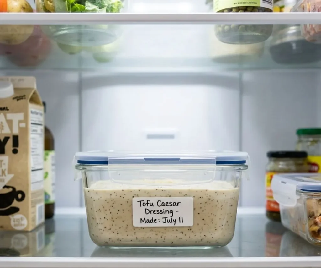 Tofu caesar dressing stored in airtight container in fridge