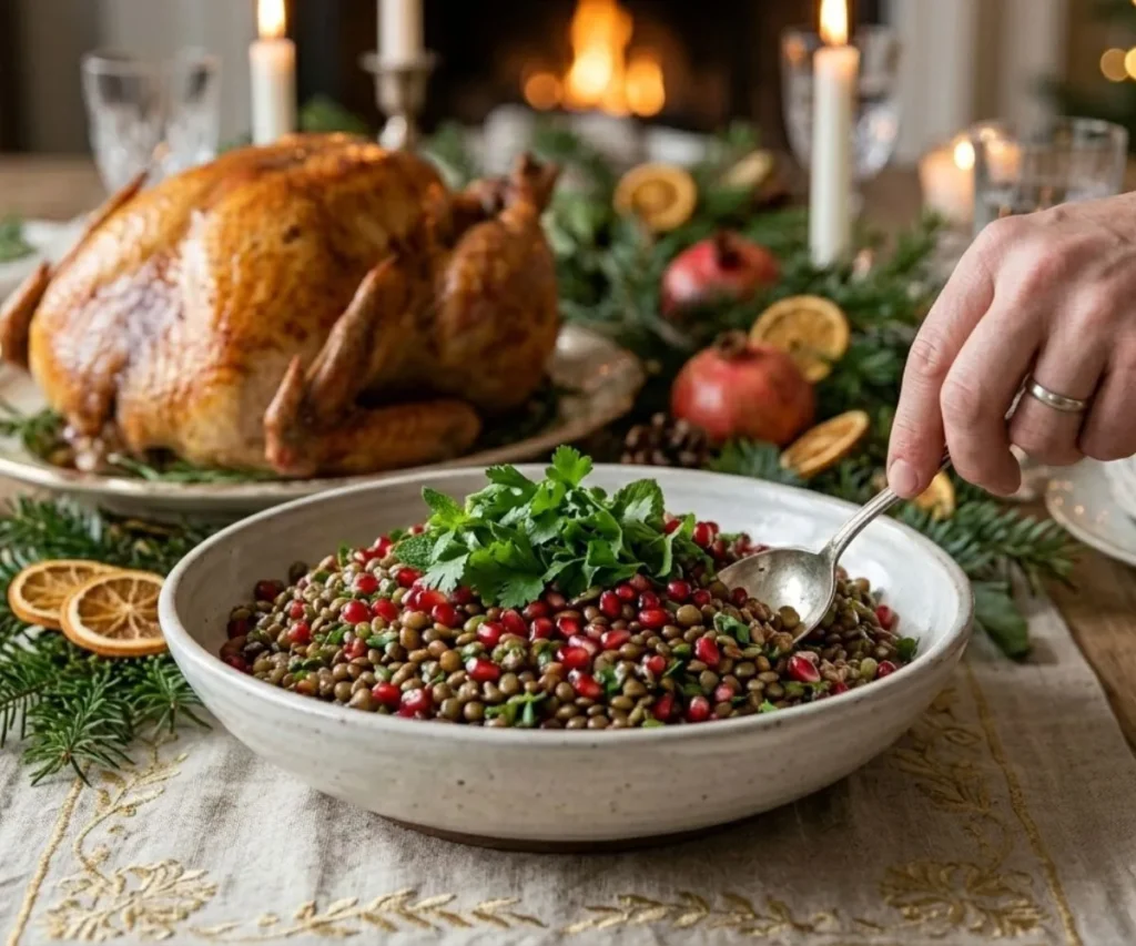 Lentil pomegranate salad served as holiday side dish